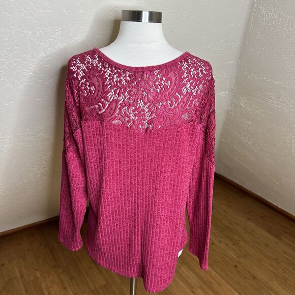 Democracy Sweater Top Womens 1X Pink Ribbed Lace Up Long Sleeve Lace Shoulders - Picture 8 of 8